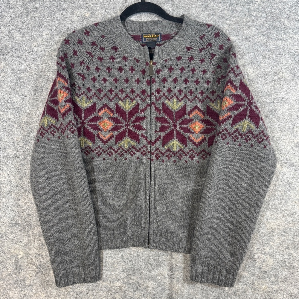 Vintage Woolrich Grey Heather Lambswool Fair Isle Zip Cardigan Sweater  S/P - Picture 2 of 14